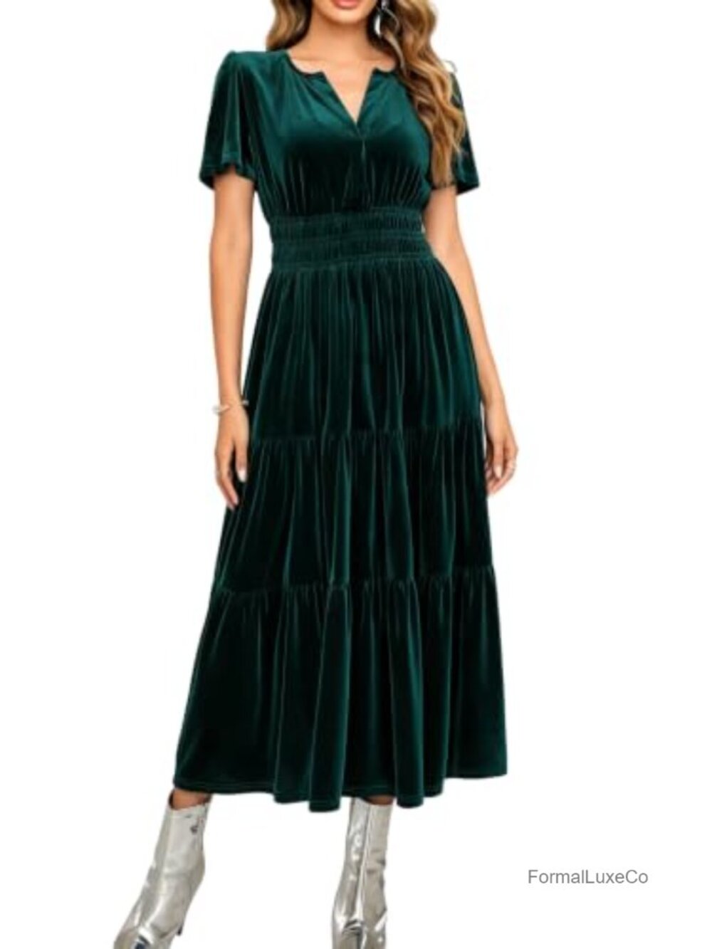 Womens Velvet Maxi Dress V Neck Short Sleeve Tiered Ruffle Wedding Guest